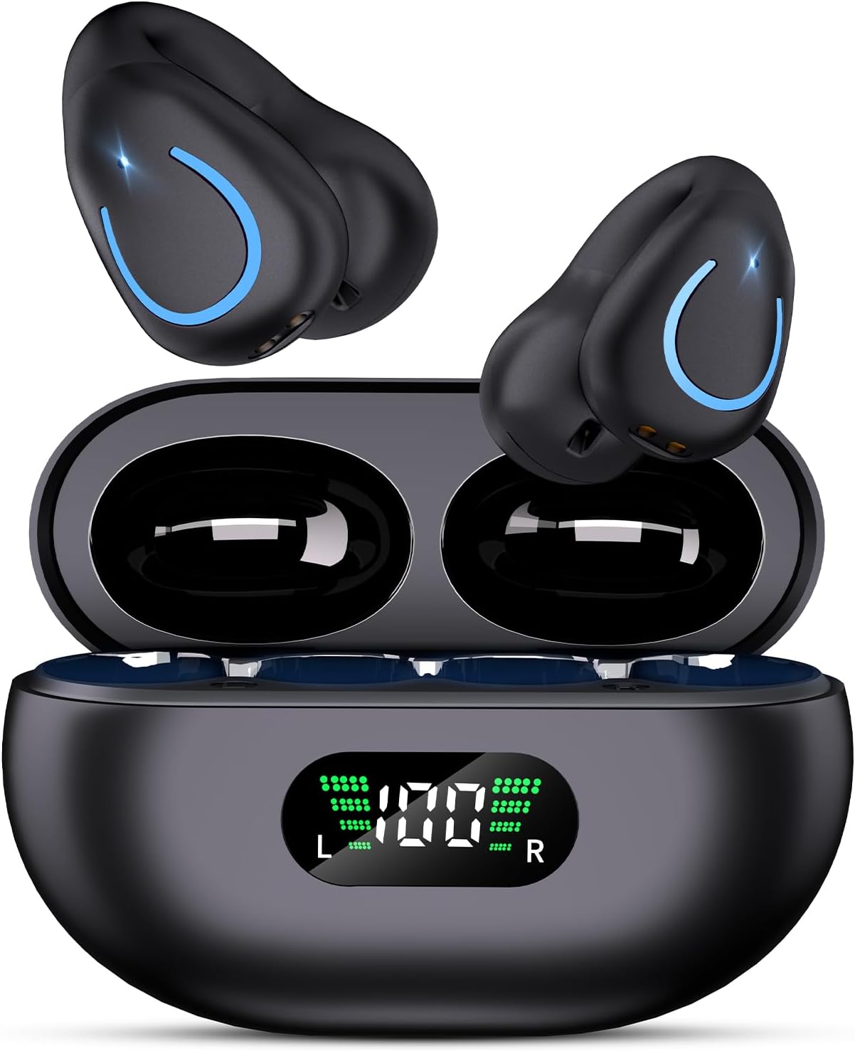 Comfort Clip On Earbuds, Bluetooth 6.1 Open Ear Bone Conduction Headphones, with Digital Display Charging Case Sport Earphones Built-in Mic Waterproof for Running Fitness Exercise, Inky Black