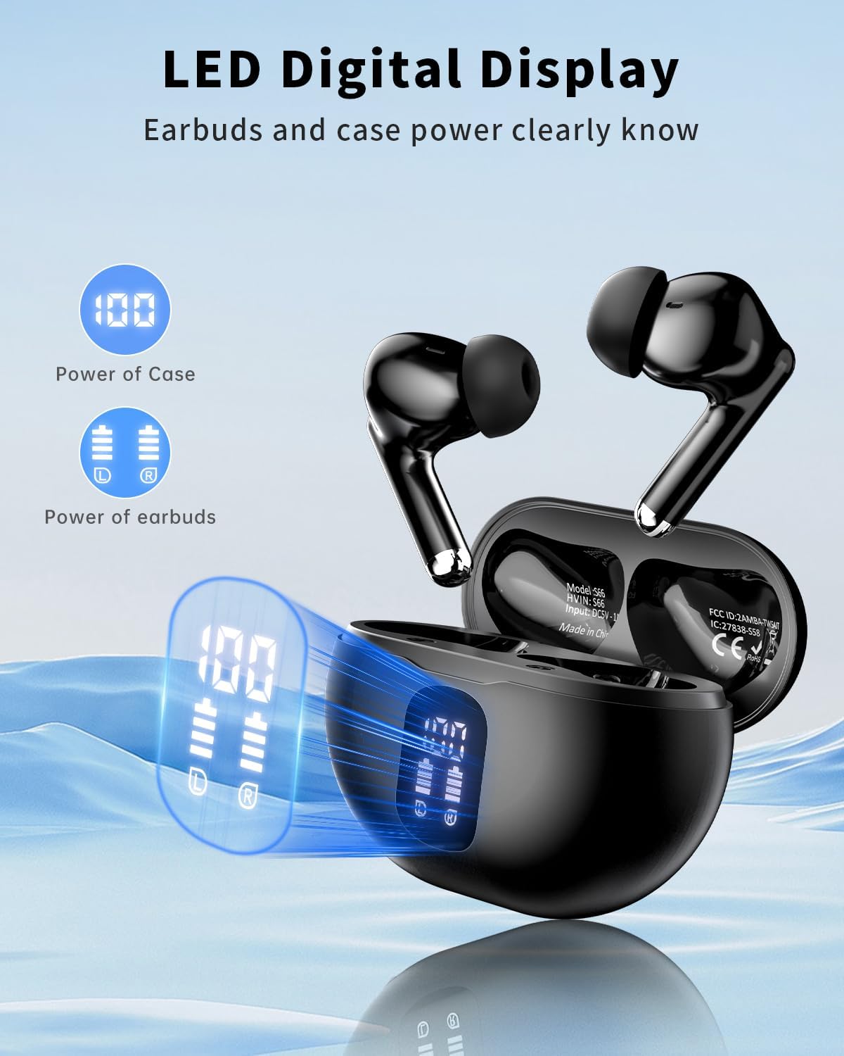 Wireless Earbuds, Bluetooth 5.4 Ear Buds Bass Stereo, Headphones with Noise Cancelling Mic, LED Display in Ear Earphones Clear Calls, IP7 Waterproof Bluetooth Earbuds for Phone/Android/iPad, Black
