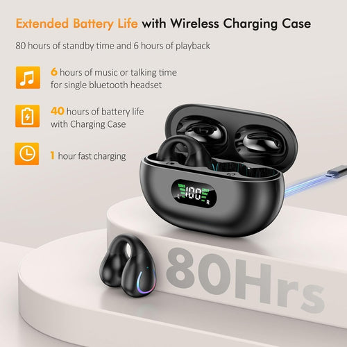 Comfort Clip On Earbuds, Bluetooth 6.1 Open Ear Bone Conduction Headphones, with Digital Display Charging Case Sport Earphones Built-in Mic Waterproof for Running Fitness Exercise, Inky Black