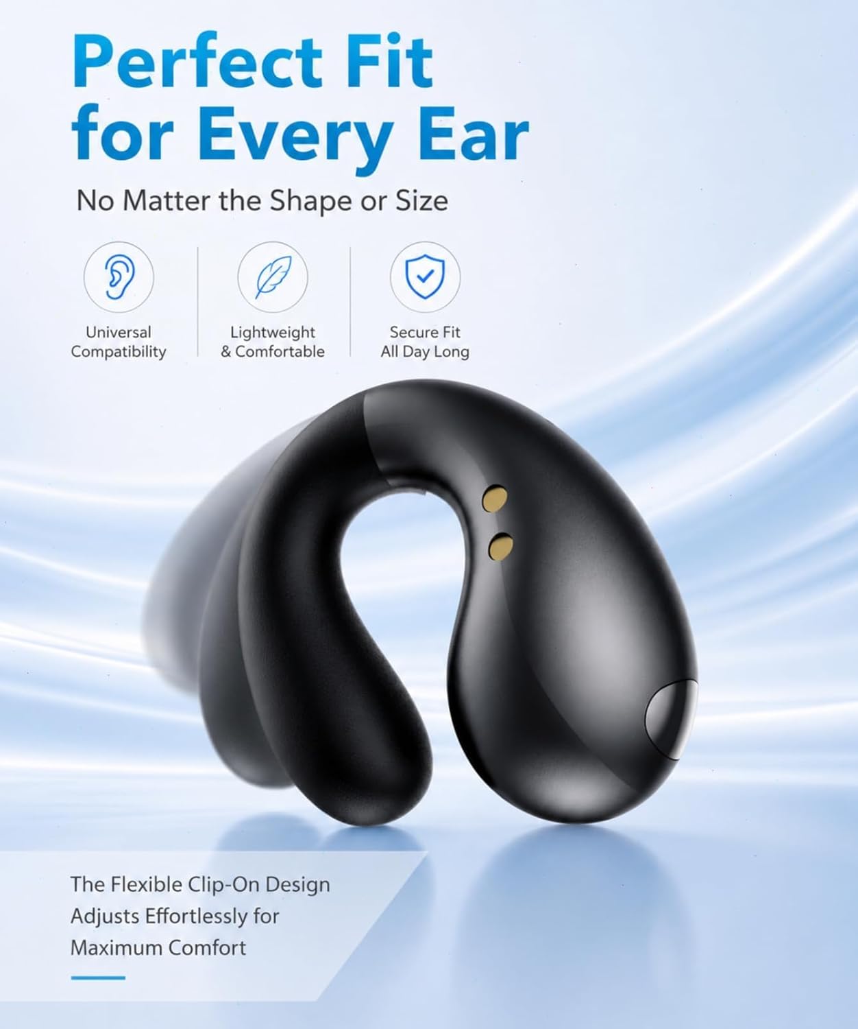 Open Ear Earbuds, Comfort Clip On Earbuds, Wireless Bone Conduction Headphones with Bluetooth 5.3, Fast Charging Fast Charging for Running, Sports, and Travel, Mirror Black