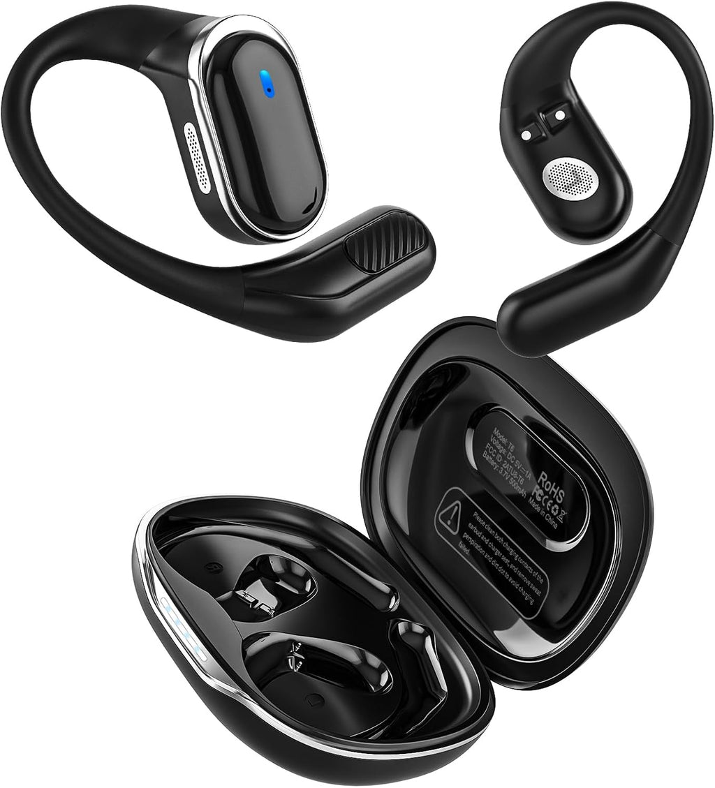 Open Ear Wireless Earbuds Bluetooth Headphones, 80H Playtime Stereo Ear Buds with ENC Noise Cancelling, Fast Charging, IPX7 Waterproof Sports Earphones with Earhook for Running/Workouts (Black)