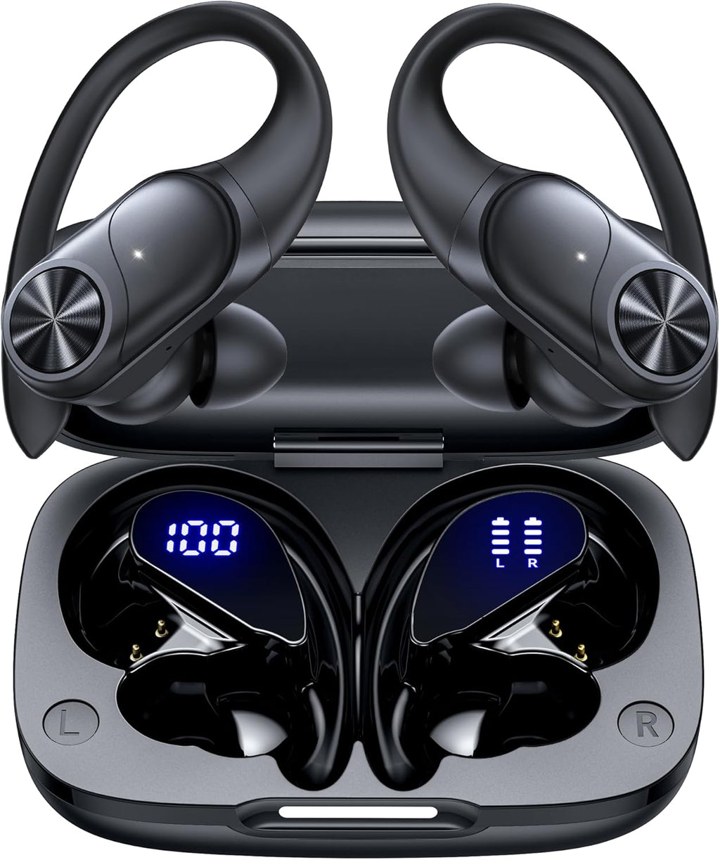 Bluetooth Headphones Wireless Earbuds 80hrs Playtime Wireless Charging Case Digital Display Sports Ear Buds with Earhook Deep Bass IPX7 Waterproof Over-Ear Earphones for TV Phone Laptop Black