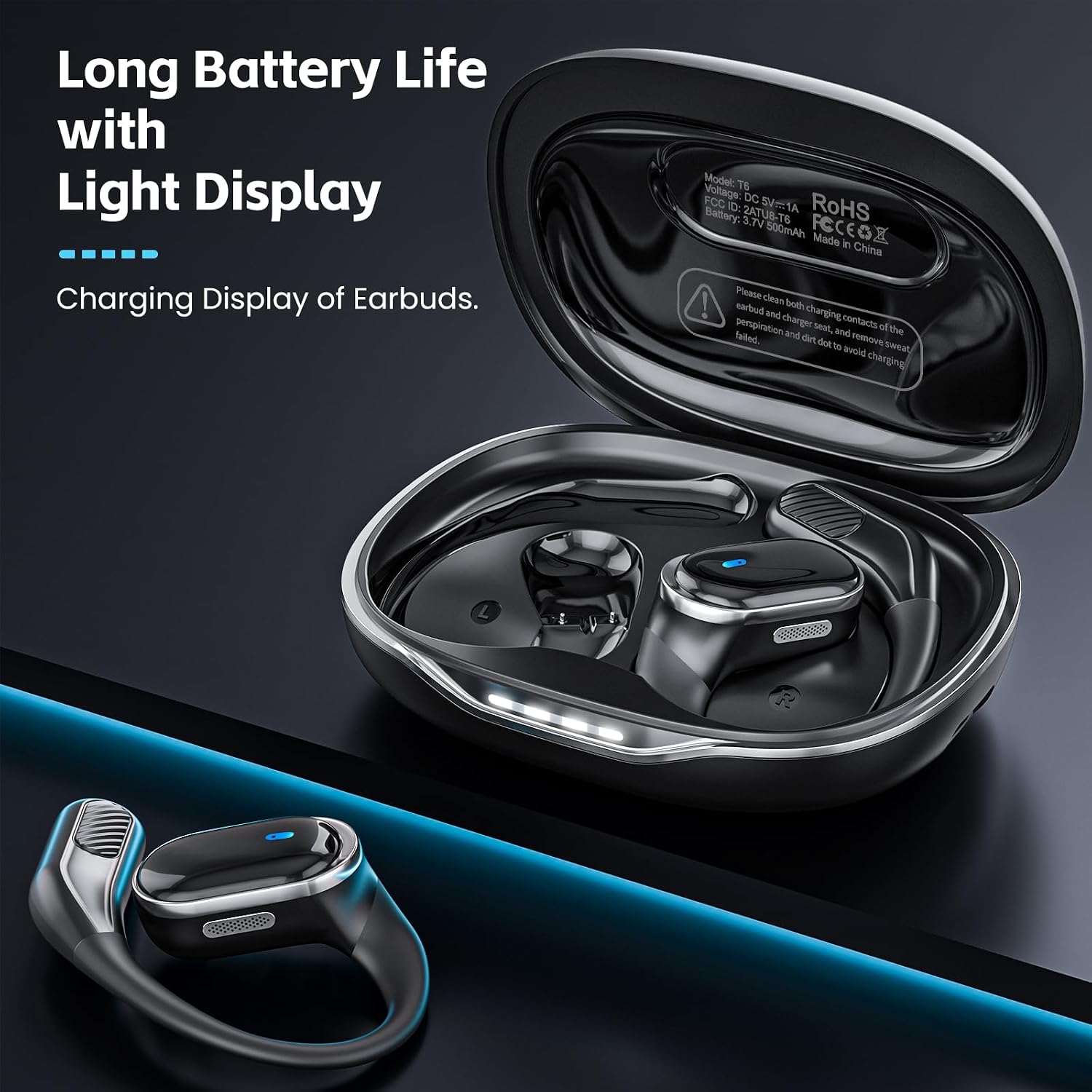 Open Ear Wireless Earbuds Bluetooth Headphones, 80H Playtime Stereo Ear Buds with ENC Noise Cancelling, Fast Charging, IPX7 Waterproof Sports Earphones with Earhook for Running/Workouts (Black)