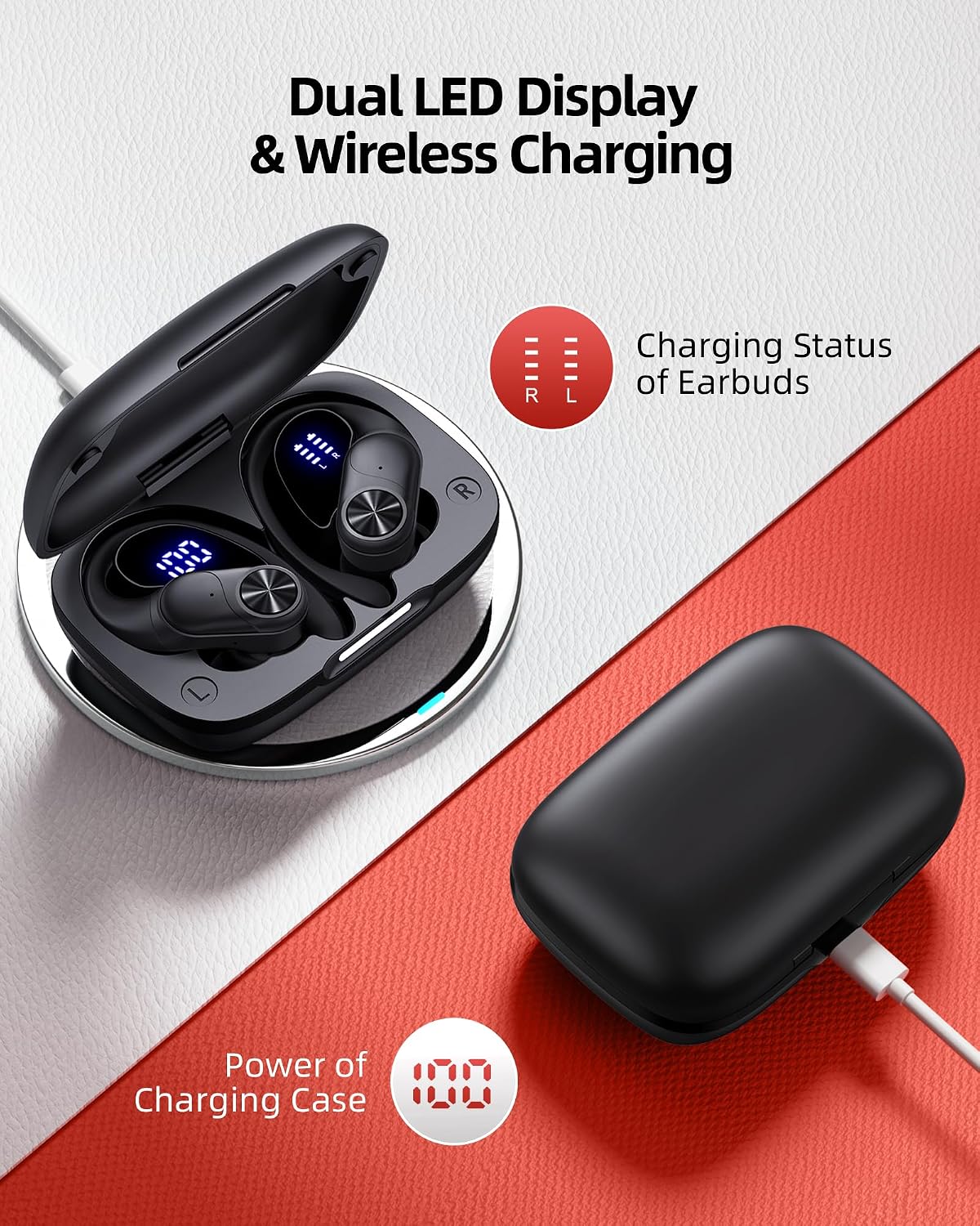 Bluetooth Headphones Wireless Earbuds 80hrs Playtime Wireless Charging Case Digital Display Sports Ear Buds with Earhook Deep Bass IPX7 Waterproof Over-Ear Earphones for TV Phone Laptop Black